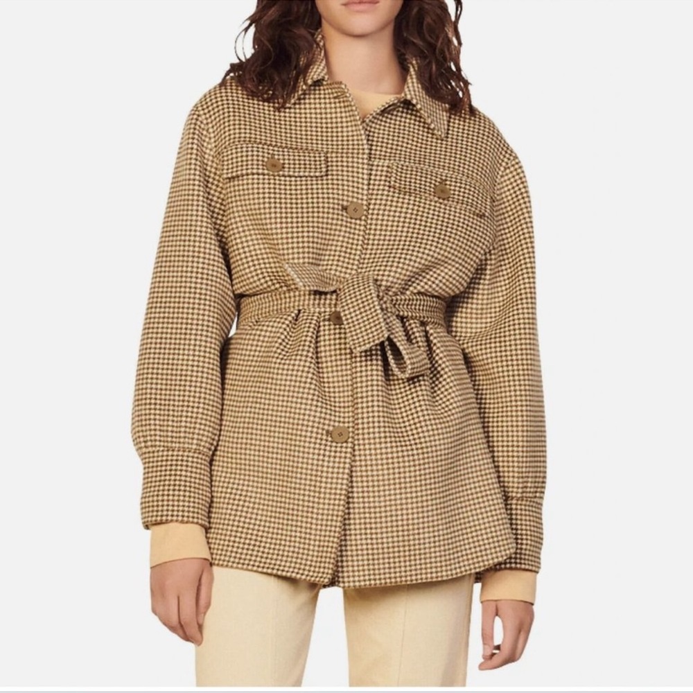Sandro Ovano Houndstooth Wool Belted Shacket Size 34